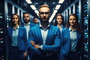 Aufkleber - Confident team standing in a server room with servers in the background.