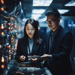 two asian it engineers working in a modern data center room.