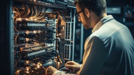 Poster - Two technicians working in an IT-Hardware rollout for customers in the banking industry.