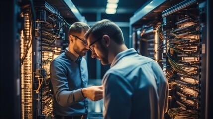 Fototapete - Two colleagues are working in a data center. They are using machine learning algorithms to process.