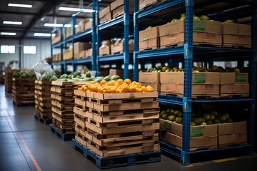 Cold storage warehouse with stacks of crates containing fresh produce, Generative AI