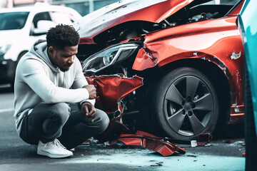 Wall Mural - Young black man driver in car accident and holding his head near broken car on the road after a car accident. Car accident on the street, damaged cars after collision. Violation of traffic rules.