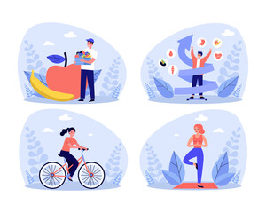 Collage of people with healthy lifestyle vector illustration. Collection of cartoon drawings of men and women buying healthy food, cycling and doing yoga. Fitness, health, weight loss, diet concept