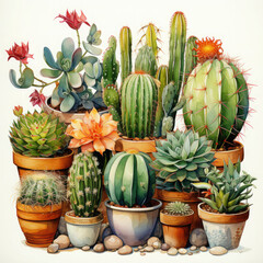 Watercolor Cacti And Succulent Plants Illustration, Generative Ai