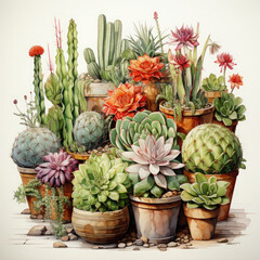 Watercolor Cacti And Succulent Plants Illustration, Generative Ai