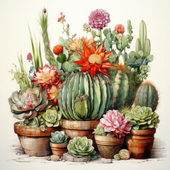 Watercolor Cacti And Succulent Plants Illustration, Generative Ai