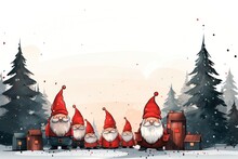 A Customizable Background Image Featuring Illustrated Gnomes In A Snowy Forest Against A White Background, Making It An Ideal Canvas For Adding Personal Elements. Illustration
