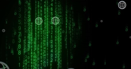 Wall Mural - animation of globe icons over falling changing numbers and binary codes over black background