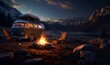 campfire in the wild with a car, ai generative