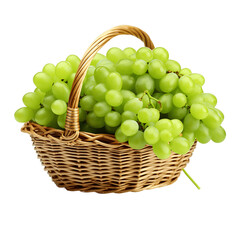 Poster - Appetizing green grapes in a wicker basket on transparent background PNG. Popular edible fruit concept.