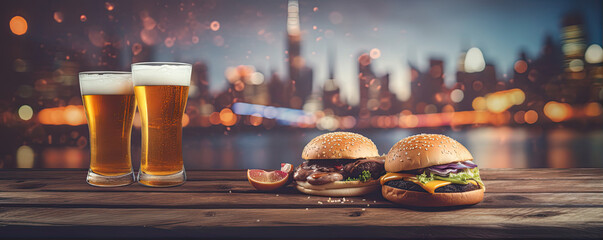 Wall Mural - Burger and glass of beer on table with big city in background.