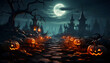 Scary pumpkins stack,full moon nighttime,dark landscape castle and graveyards filled background,ghostly mystical fog,bats flying in sky,candles lights,concept halloween night,generator AI illustration