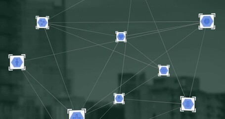 Sticker - Animation of network of digital icons against aerial view of tall buildings