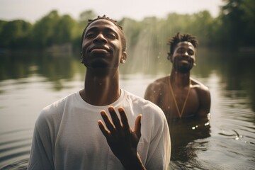 baptism. young african american men in water, smiling.