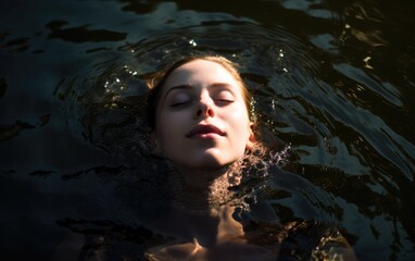 Wall Mural - Baptism. Portrait of a beautiful young peaceful woman with closed eyes in the water with a smile on her face in the sun