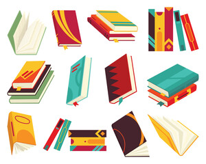 Collecction of various books, stack of books, notebooks. Reading, learn and receive education through books. Read more books. Hand drawn educational vector illustration. Flat design style