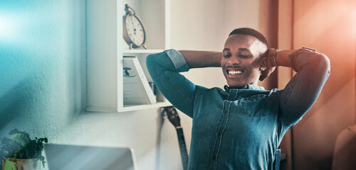 Aufkleber - Relax, corporate and a black man with remote work and a laptop for good news or an email. Happy, success and a young entrepreneur or freelance employee enjoying a break from online career in a house