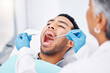 Dentist, patient man and consultation for mouth and teeth whitening, cleaning or veneers hygiene. Oral health, orthodontics and a person for tooth care, dental assessment and mirror tools at clinic