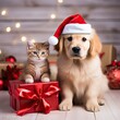 © Gelpi - Cute pets with Christmas hats and red Xmas gift. Gnerative AI