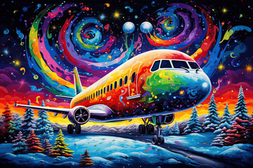 Wall Mural - colorful plane in a magical winter landscape, surreal sky, beautiful art