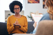 Sign language, speech therapy and black woman talking to therapist in a consultation or counseling conversation. Communication, support and professional Psychologist help person with learning