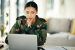 © aLListar/peopleimages.com - Laptop, serious soldier and woman in home, planning and problem solving. Computer, veteran on internet and technology online to search, thinking of army idea and reading military email in living room