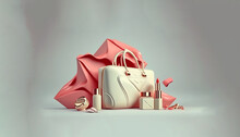 Flying Woman's Accessories Bag, High Heels, Lipsticks On Cream Color Background. 3d Rendering. Generative AI.