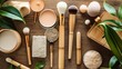Natural cosmetics, makeup products like foundation, lipstick, mascara, and brushes. AI generated