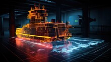 3d Hologram Model Of A Tug Boat Is In Dark Industrial Interior, Glowing Wire-frame Yellow Neon Lines