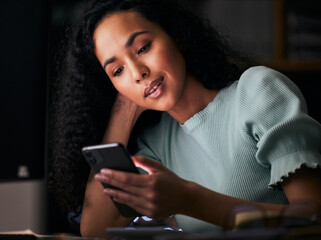 Poster - Phone, reading and professional woman typing, search online or texting business contact, user or agent. Networking, smartphone and night person research mobile connection, media app or check email