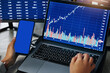 © aLListar/peopleimages.com - Person, hands and phone mockup for stock market trading or finance statistics of data, graph or chart at office. Closeup of employee, broker or financial advisor on smartphone and laptop in marketing