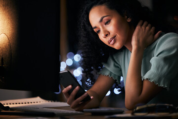 Poster - Phone, communication and professional woman typing, search online or texting online business contact. Tired, smartphone and night person research mobile connection, application or reading email