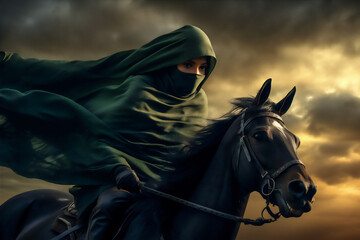 Wall Mural - an muslim woman warrior in hijab and veil  on horse in the Arabian desert, hyper realistic, dramatic light and shadows, sun behind the storm clouds, create using generative AI tools