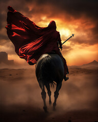 an muslim woman warrior in hijab and veil  on horse in the Arabian desert, hyper realistic, dramatic light and shadows, sun behind the storm clouds, create using generative AI tools