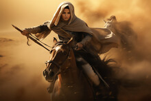 An Muslim Woman Warrior In Hijab And Veil  On Horse In The Arabian Desert, Hyper Realistic, Dramatic Light And Shadows, Sun Behind The Storm Clouds, Create Using Generative AI Tools
