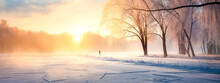 Sunrise Over Frozen Pond In Park In Winter, Banner With Copy Space