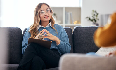 Wall Mural - Counseling, therapy and woman therapist talking to client in a consultation or psychology conversation for mental health. Communication, support and professional Psychologist help person with advice