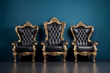 Three Black And Gold Throne Chairs Isolated On Plain Background