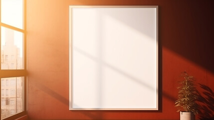 Canvas Print - minimalistic room interior with large white frame with empty white background. sunny day. Generative Ai