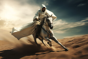 Wall Mural - an muslim woman warrior in hijab and veil on horse in the Arabian desert, hyper realistic, dramatic light and shadows, sun behind the storm clouds, create using generative AI tools