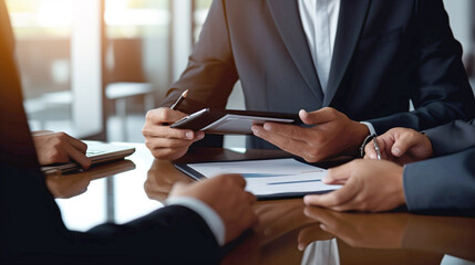 Poster - businessmen colleagues at a round table with digital tablet computers close-up. Generative Ai