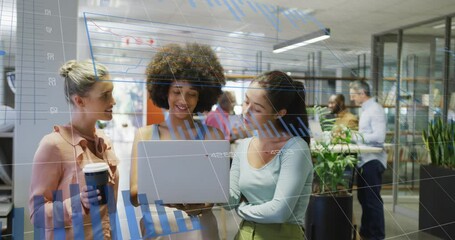 Sticker - Animation of statistical data processing over three diverse women discussing over a laptop at office