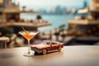A glass of cocktail Side Car on blurry city skyline and a vintage miniature car background.