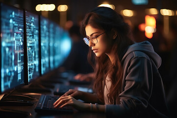 Young Indian girl programmer writing code on the keyboard, in the office space at night.