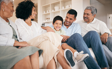 Poster - Mom, dad or happy kid with grandparents on sofa to bond, laugh or relax in family home with smile. Care, grandfather and grandmother with dad, mom or child in lounge with trust, support or love