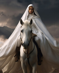 Wall Mural - an muslim woman warrior in hijab and veil on horse in the Arabian desert, hyper realistic, dramatic light and shadows, sun behind the storm clouds, create using generative AI tools