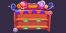 Sweets Factory Game Shop For User Interface Design. Vector Cartoon Illustration Of Wooden Frame With Empty Shelves And Price Tags, Colorful Caramel, Chocolate Nameplate Decoration On Top, Online Store