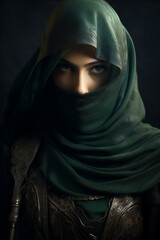 Wall Mural - portrait of warrior Muslim woman in battle dress with hijab and burqa or veil,  hyper realistic and detailed, dramatic light and shadows, create using generative AI tools