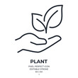 Hand holding a plant or sprout editable stroke outline icon isolated on white background flat vector illustration. Pixel perfect. 64 x 64.