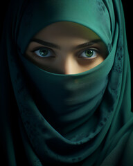 Wall Mural - portrait of warrior Muslim woman in battle dress with hijab and burqa or veil,  hyper realistic and detailed, dramatic light and shadows, create using generative AI tools